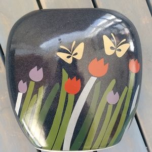 VINTAGE OTAGIRI Japan Pocket Vase Blue w/ Gold Butterflies and Tulips Ceramic